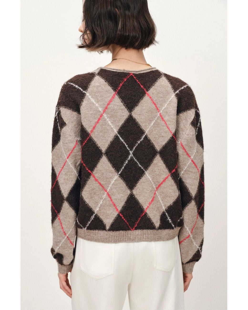Fabrique Natural Ash Embroidered Contrast Argyle Sweater