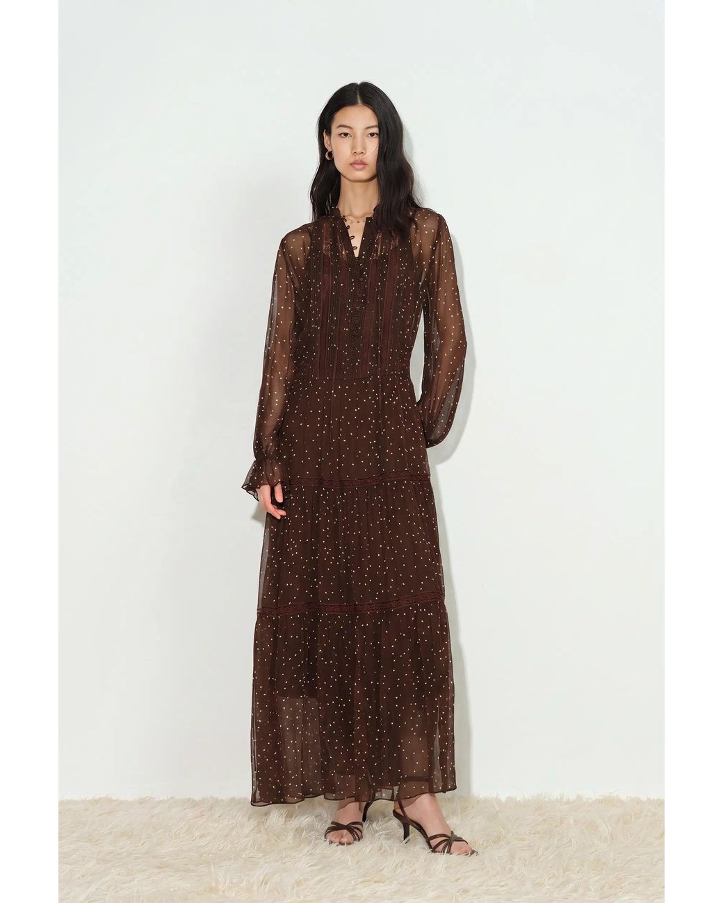 Fabrique Brown Anselm Polka Dot Ruffle Trim Dress With Inner Slip Dress