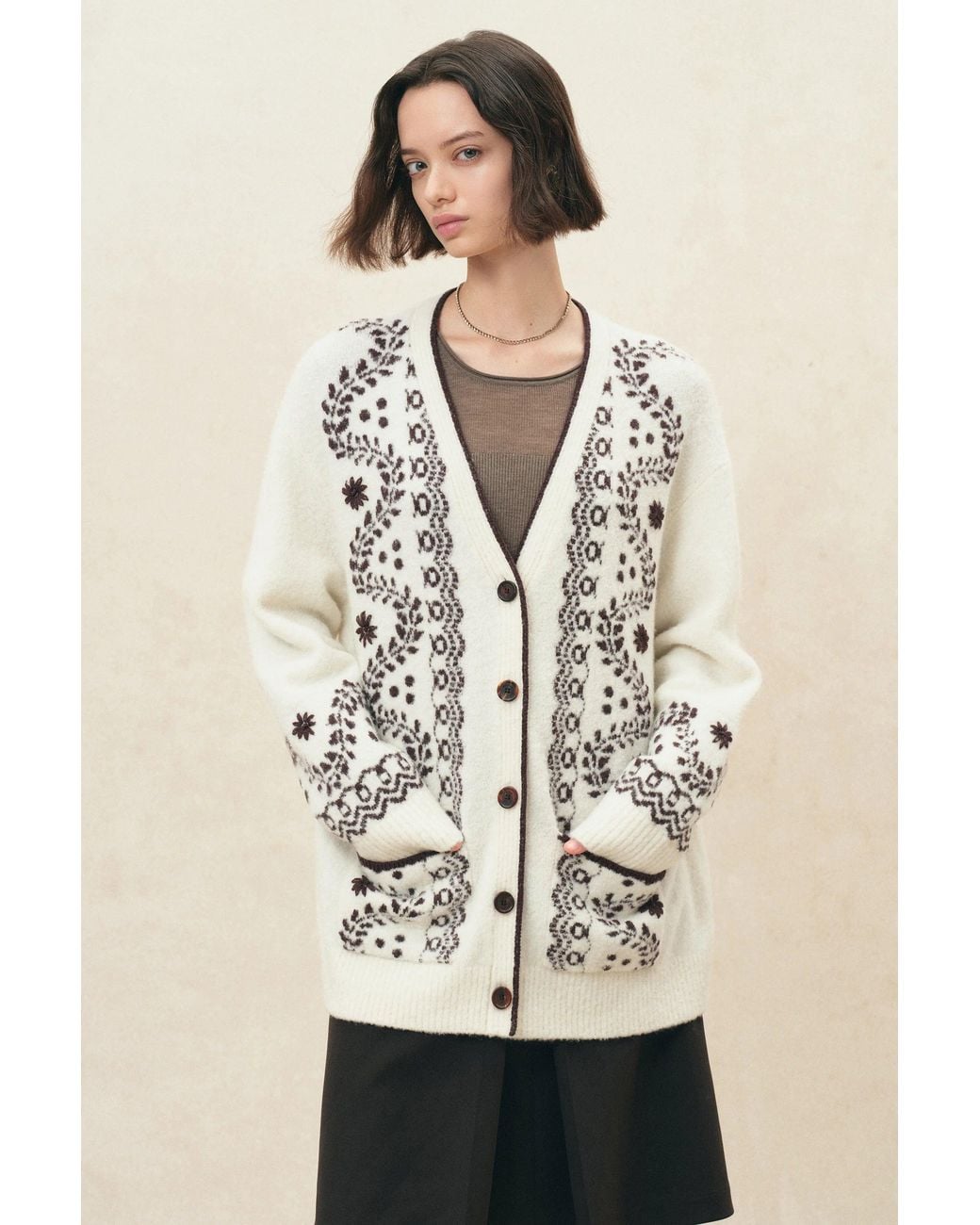 Fabrique White Alder Hand Embroidery Vine Jacquard Cardigan