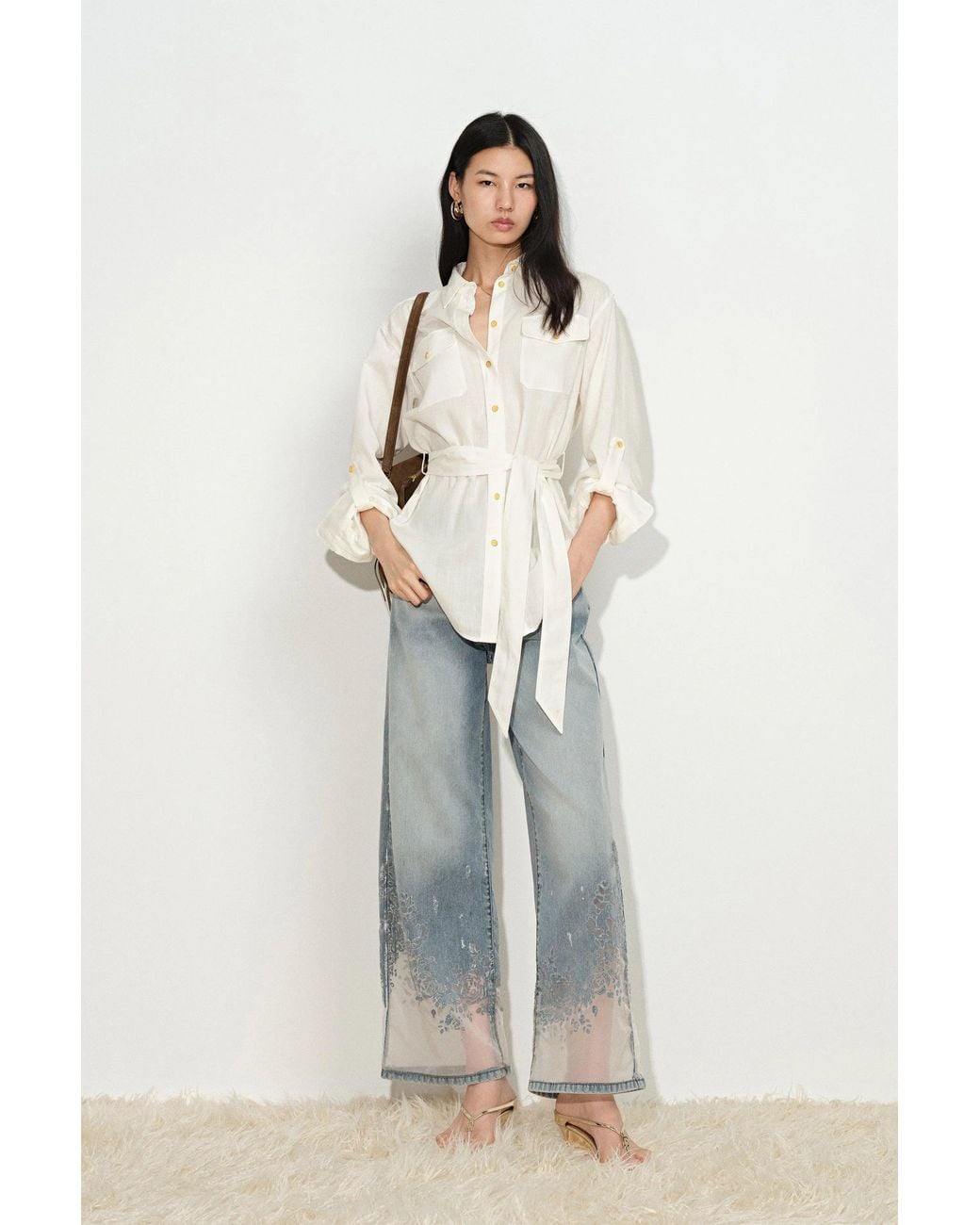 Fabrique Blue Faye Belted Roll Tab Sleeves Safari Blouse