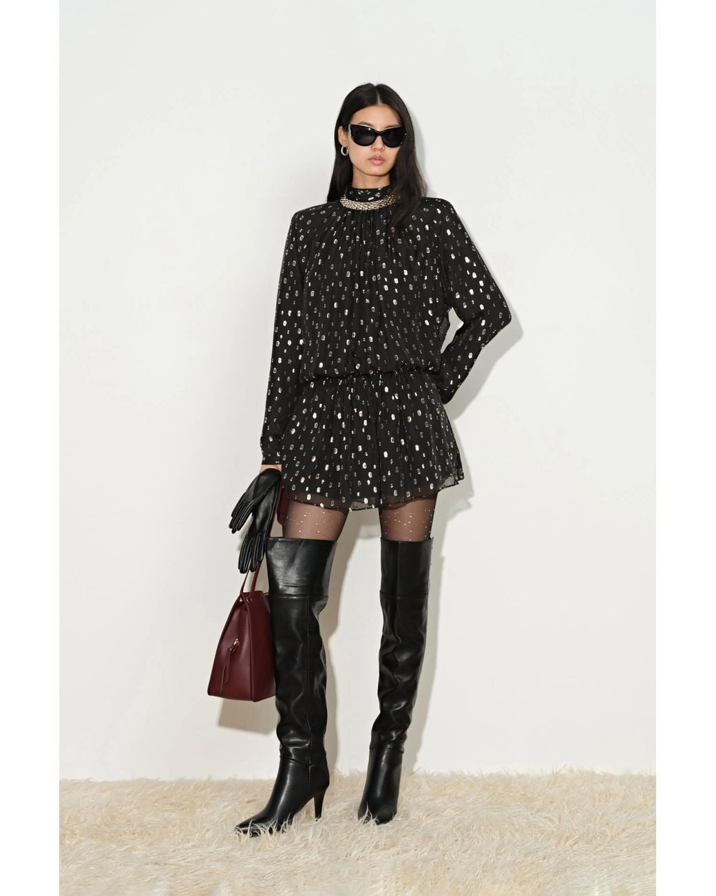 Fabrique Black Paris Ruched Shimmering Polka Dots Dress