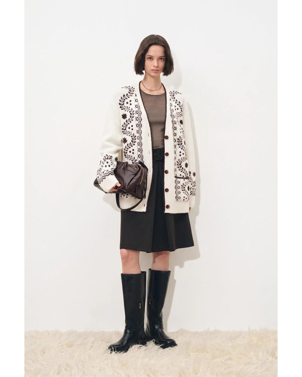 Fabrique White Alder Hand Embroidery Vine Jacquard Cardigan