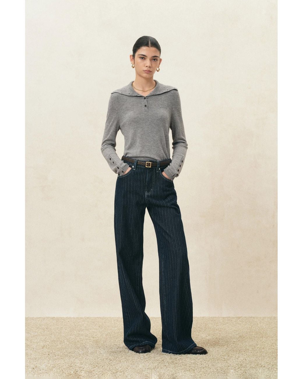 Fabrique Gray Kira Half Button Turtleneck Top