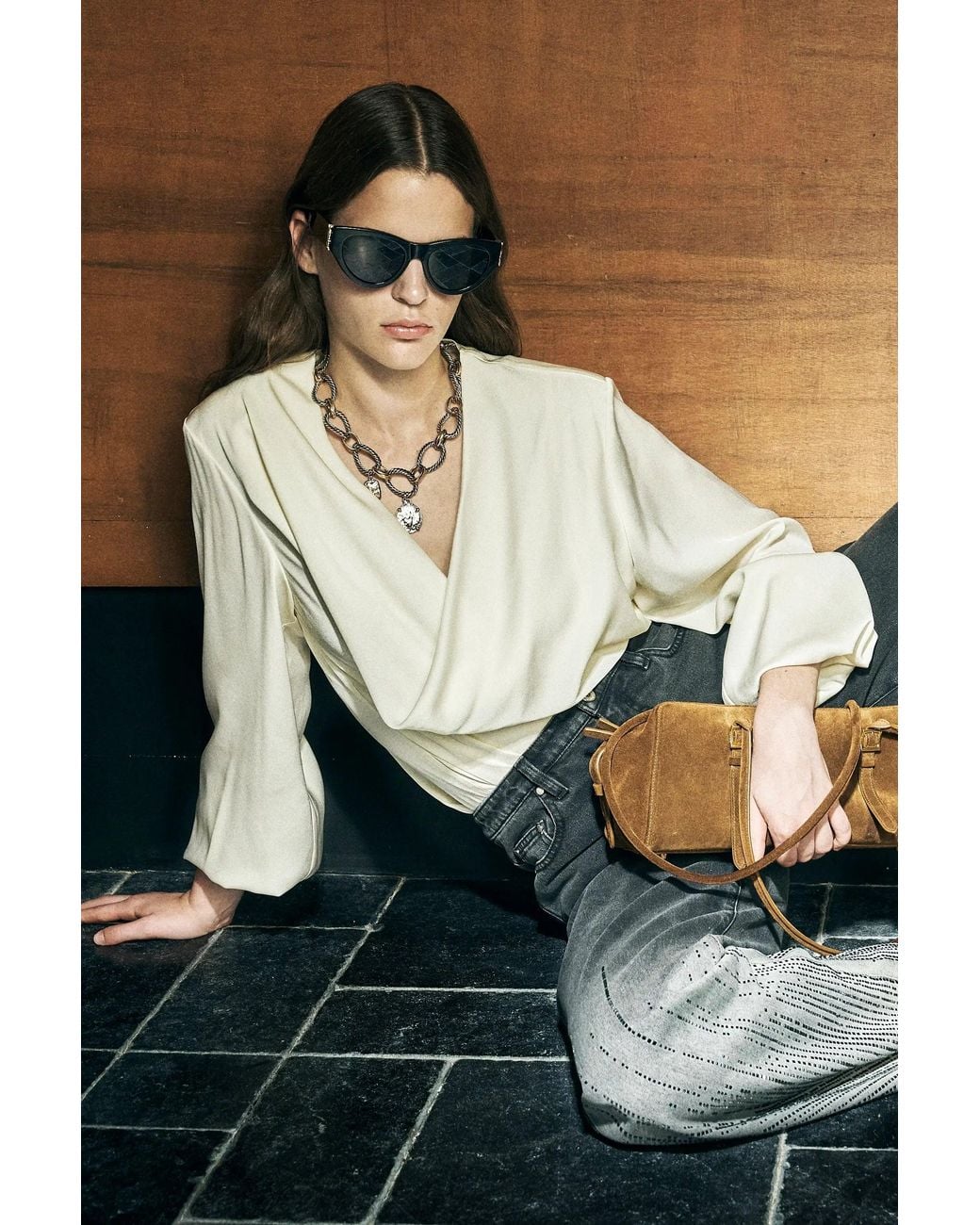 Fabrique Metallic Madrid Draped Shoulder Pad Blouse