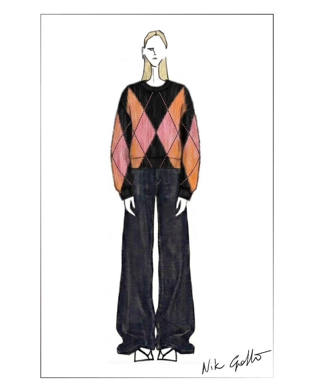 Fabrique Orange Monica Space Dyed Argyle Sweater