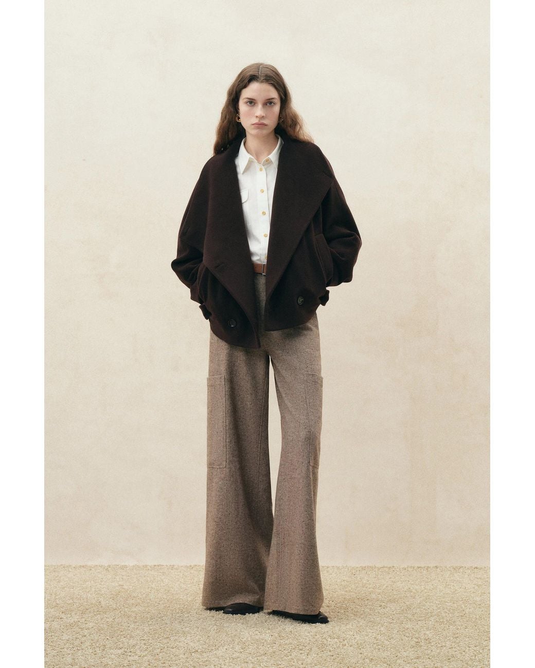 Fabrique Natural Beatrice Flecked Wide Leg Tailored Trousers With Patch Pockets