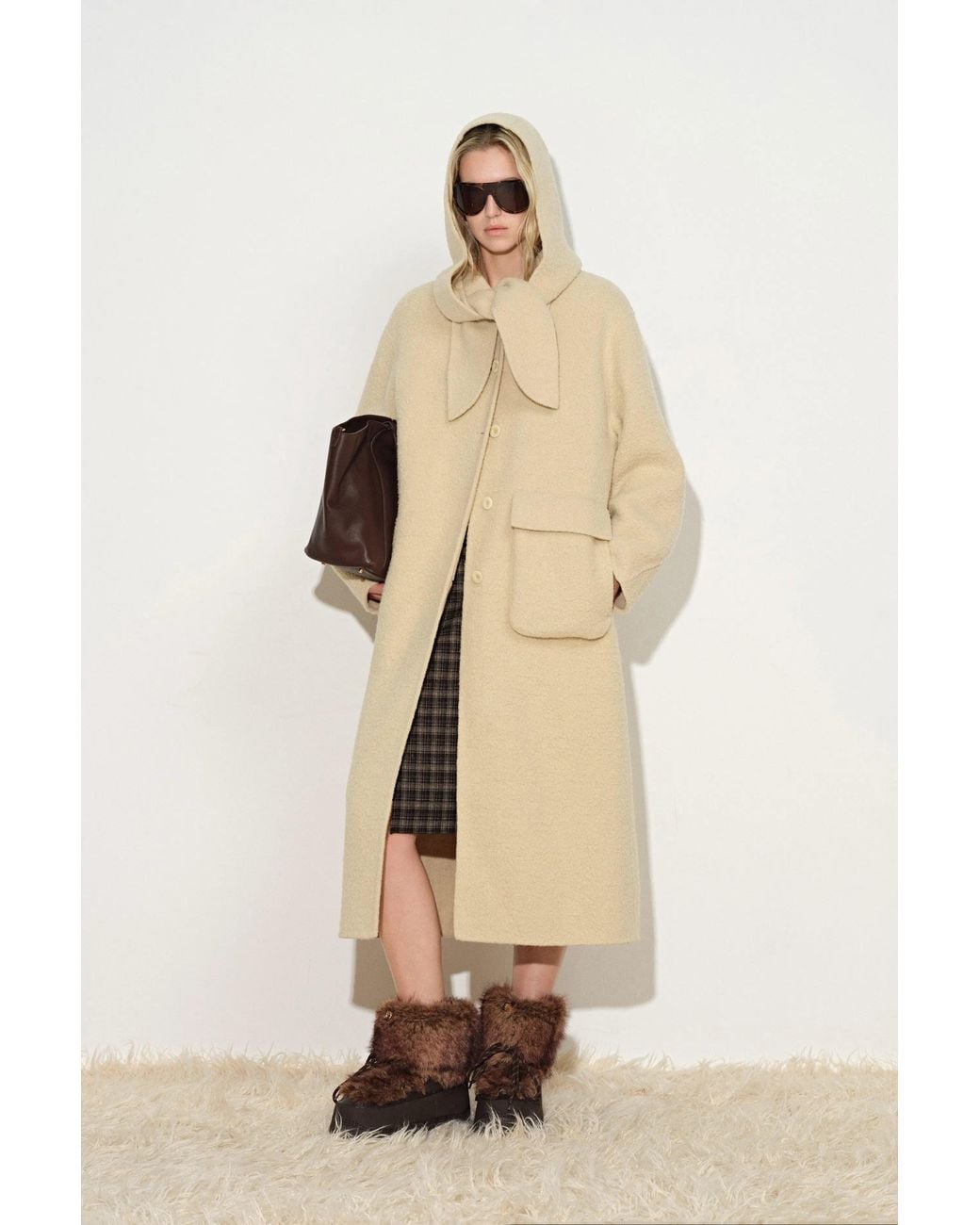 Fabrique Gray Harlan Textured Hooded Scarf Maxi Coat