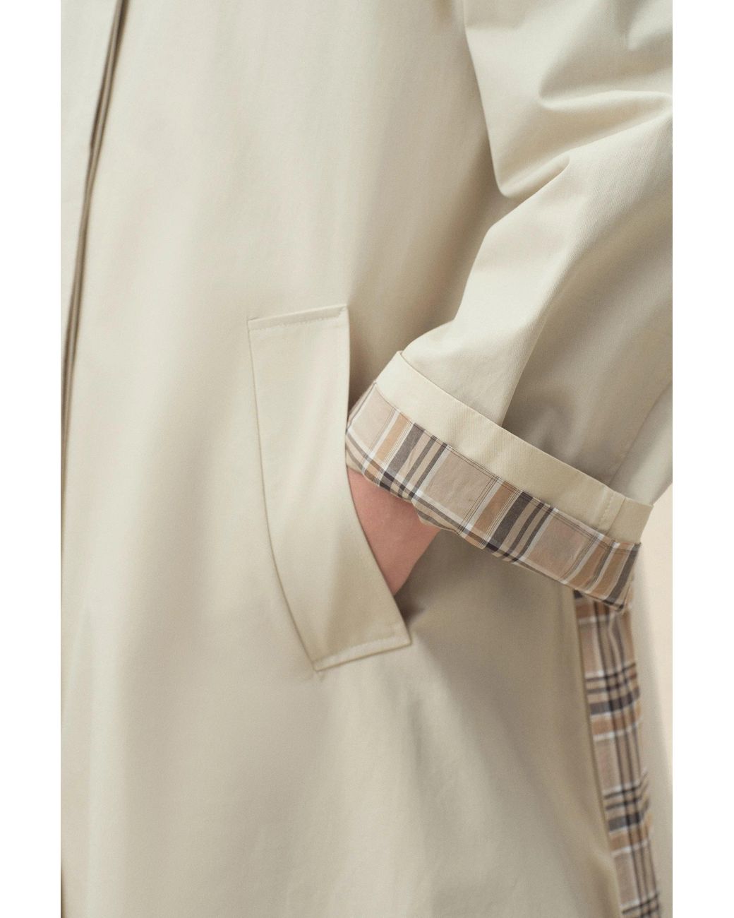 Fabrique Natural Melody Plaid Accent Trench Coat