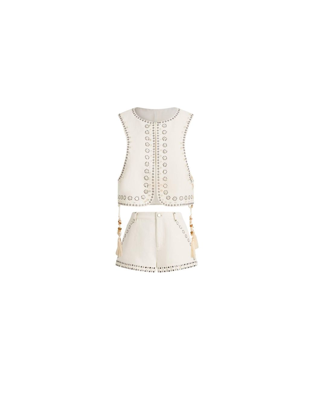 Fabrique Brown Charlie Boho Mother Of Pearl Studded Side Tassel Tie Vest Top And Shorts Set