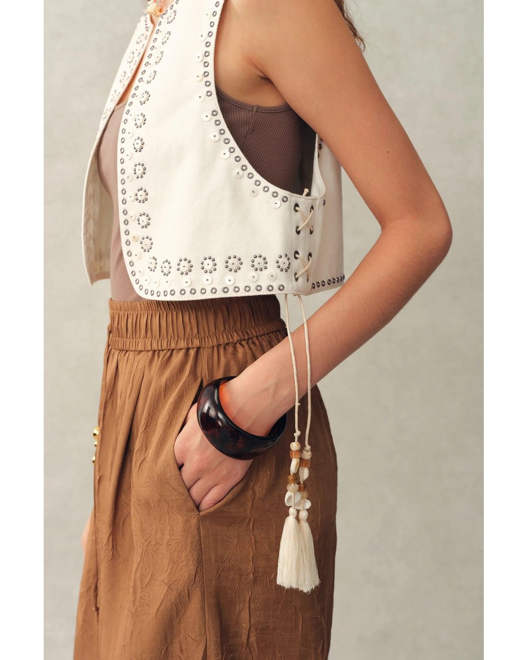 Fabrique Brown Charlie Boho Mother Of Pearl Studded Side Tassel Tie Vest Top And Shorts Set
