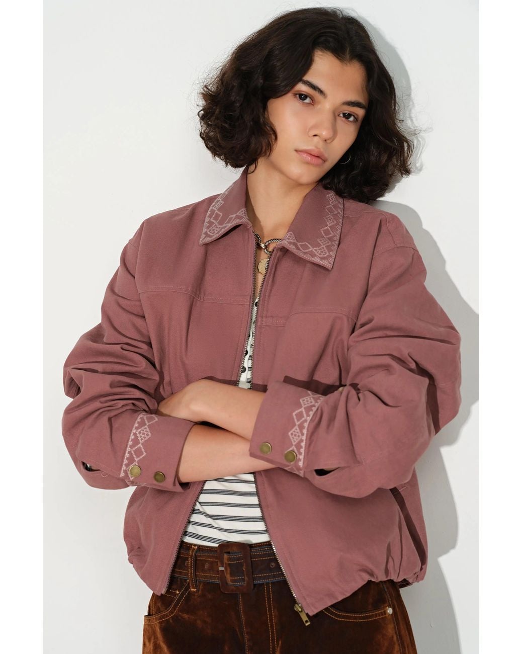 Fabrique Pink Aurora Embroidery Cropped Bomber Jacket