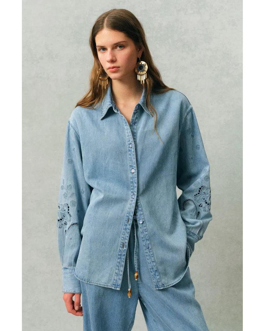 Fabrique Blue Vinetta Curved Button Placket Floral Embroidered Shirt