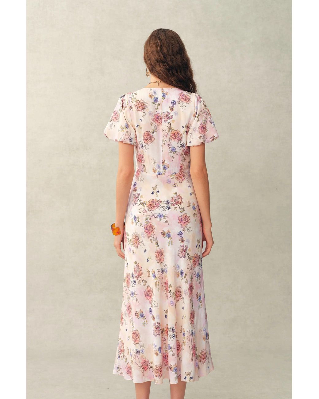 Fabrique Natural Coco Handpainted Floral Puff Sleeve Cinched Dress