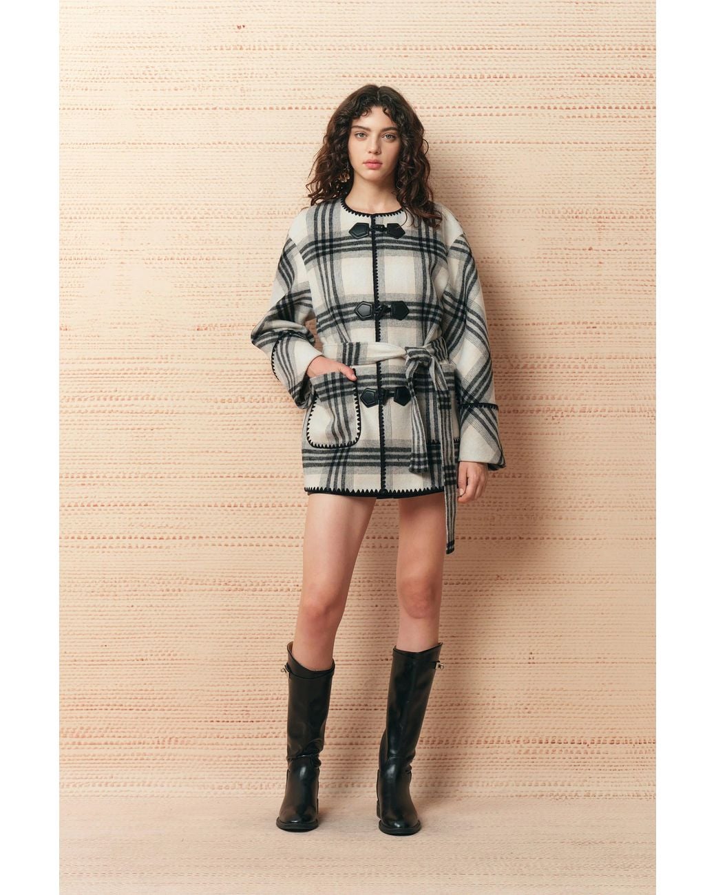 Fabrique Green Abigail Embroidery Plaid Belted Coat