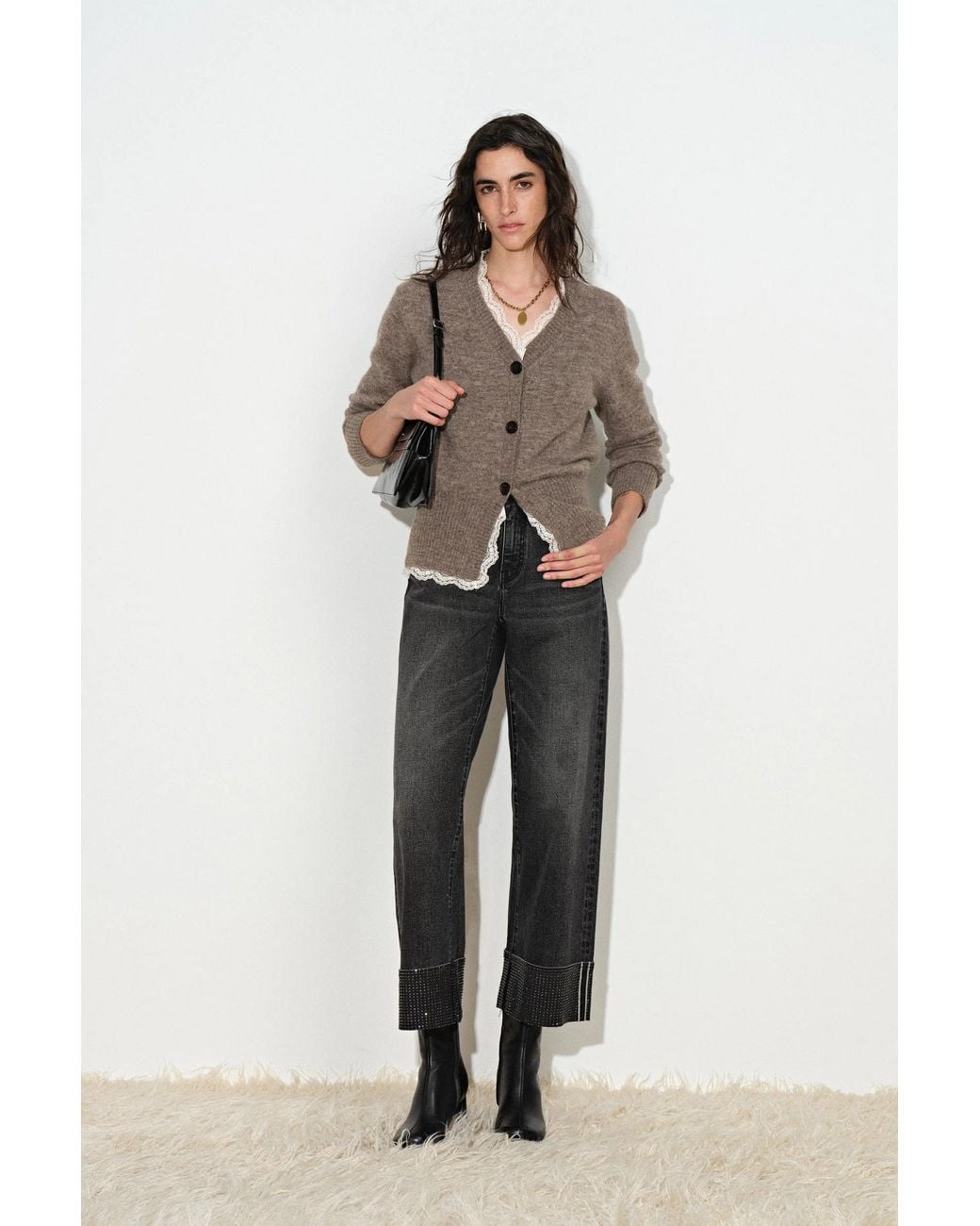 Panel Sweatpants Fabrique Mckenna Faux Layered Lace Panel Cardigan in Natural | Lyst