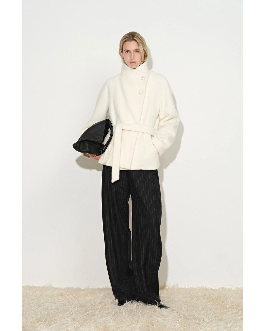 Fabrique White Gwyneira Belted Textured Cropped Coat