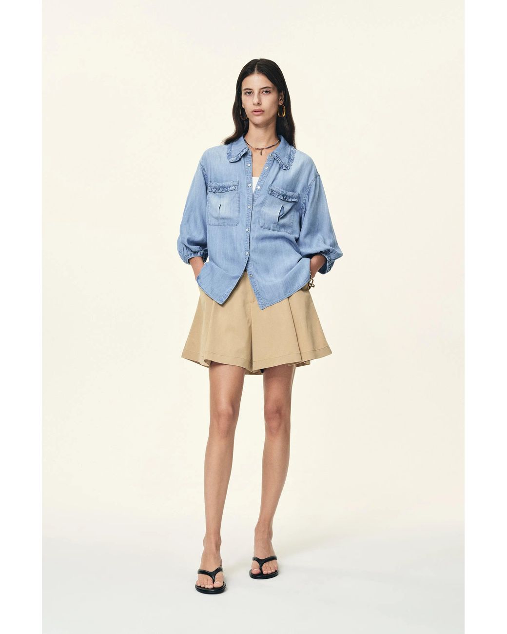 Fabrique Blue Judy Ruffle Trim Puff Sleeve Shirt