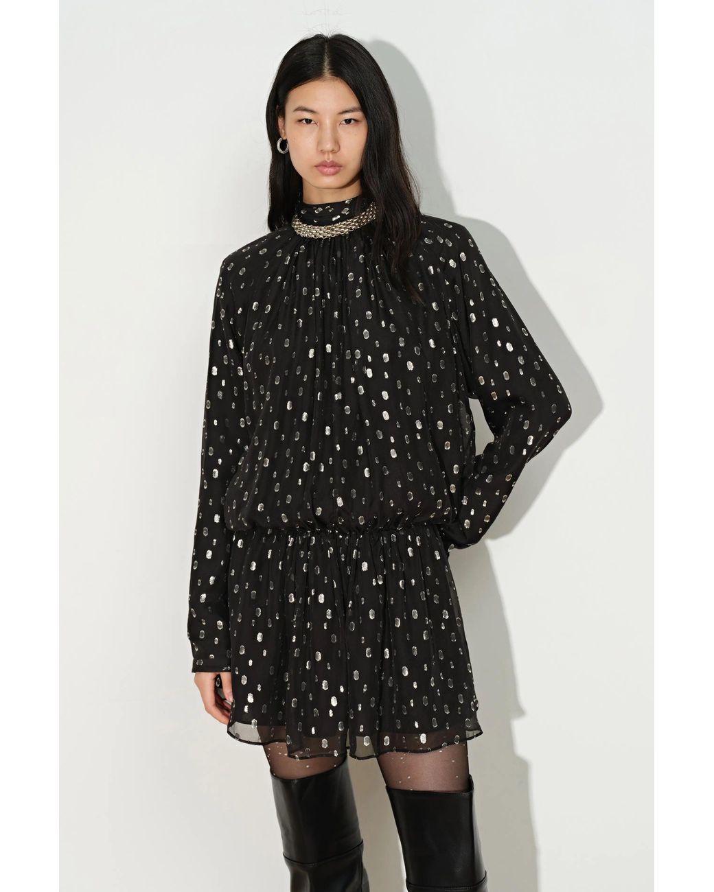 Fabrique Black Paris Ruched Shimmering Polka Dots Dress
