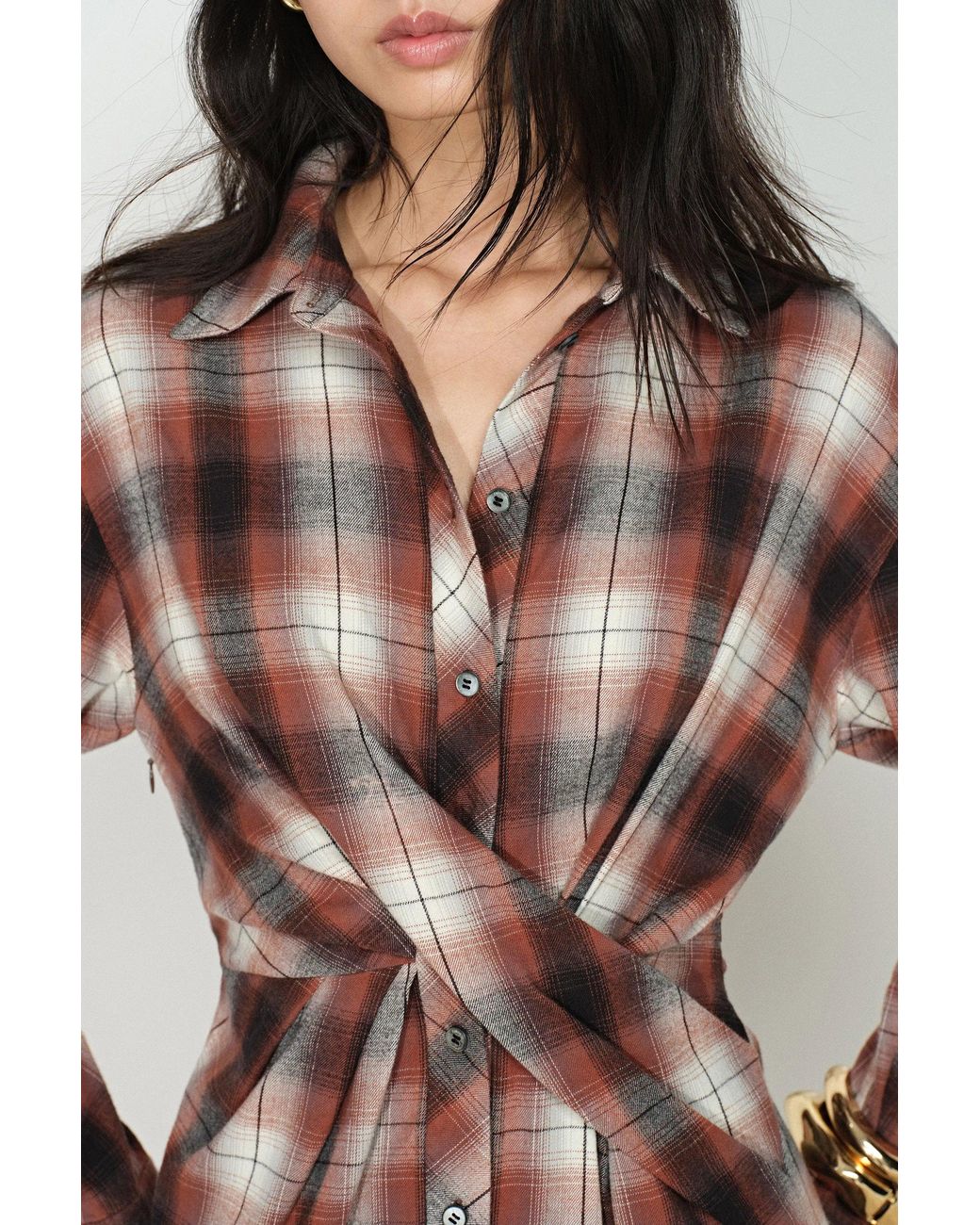Fabrique Natural Marcella Plaid Ombré Twist Front Shirt Dress