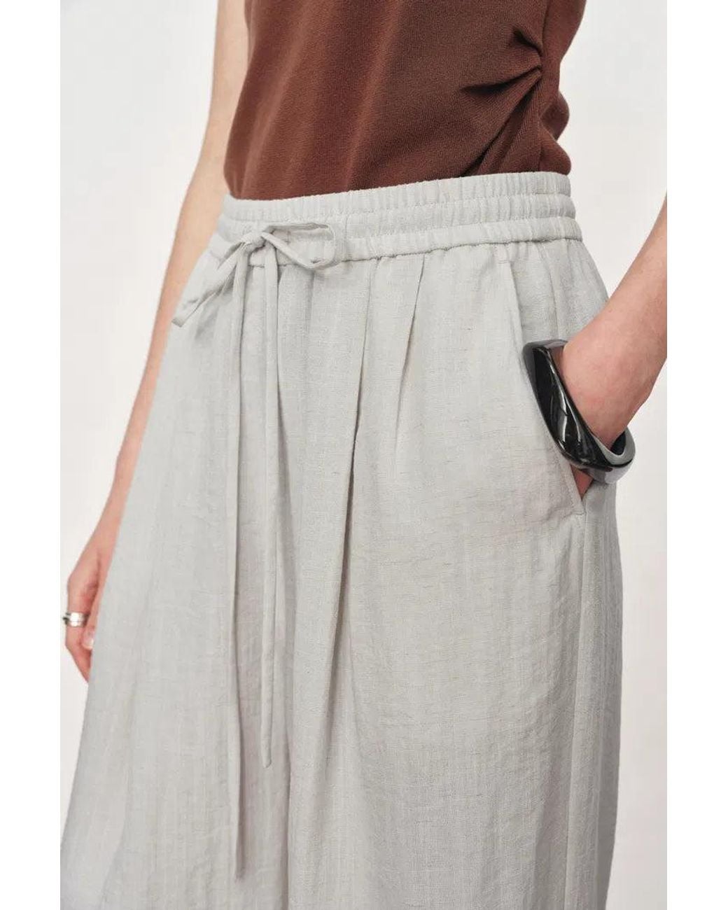 Fabrique Gray Eva Ivory Ruched Drawstring Wide Leg Casual Pants