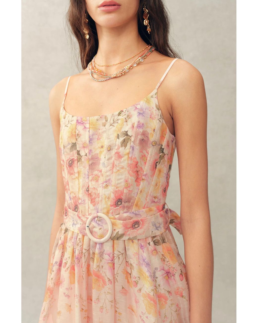 Fabrique Green Lilac Handpainted Floral Smocked Belted Strap Dress