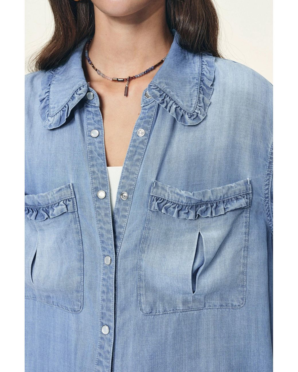 Fabrique Blue Judy Ruffle Trim Puff Sleeve Shirt
