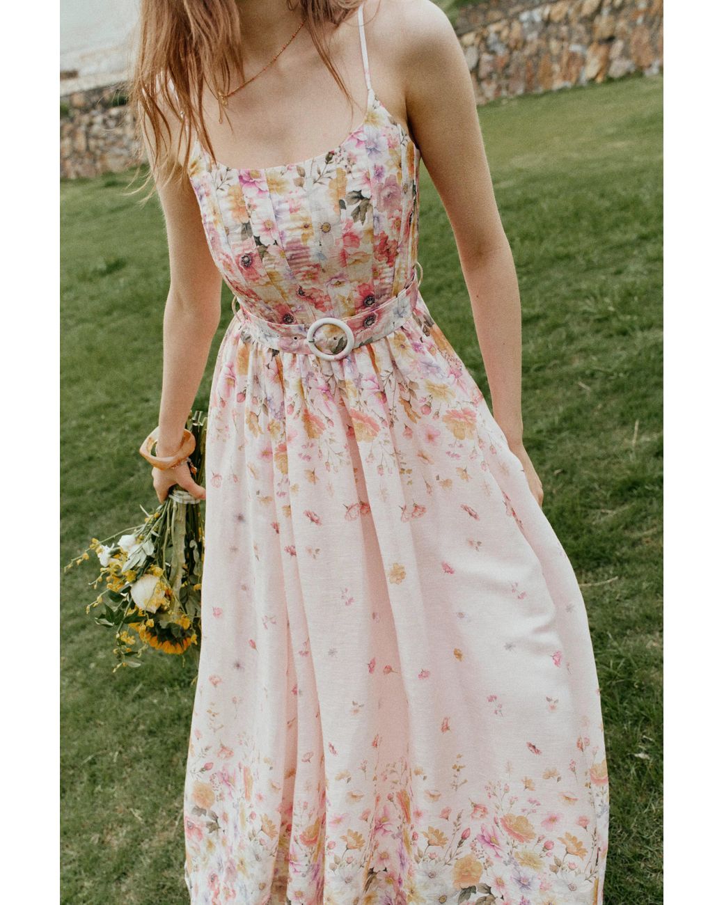 Fabrique Green Lilac Handpainted Floral Smocked Belted Strap Dress