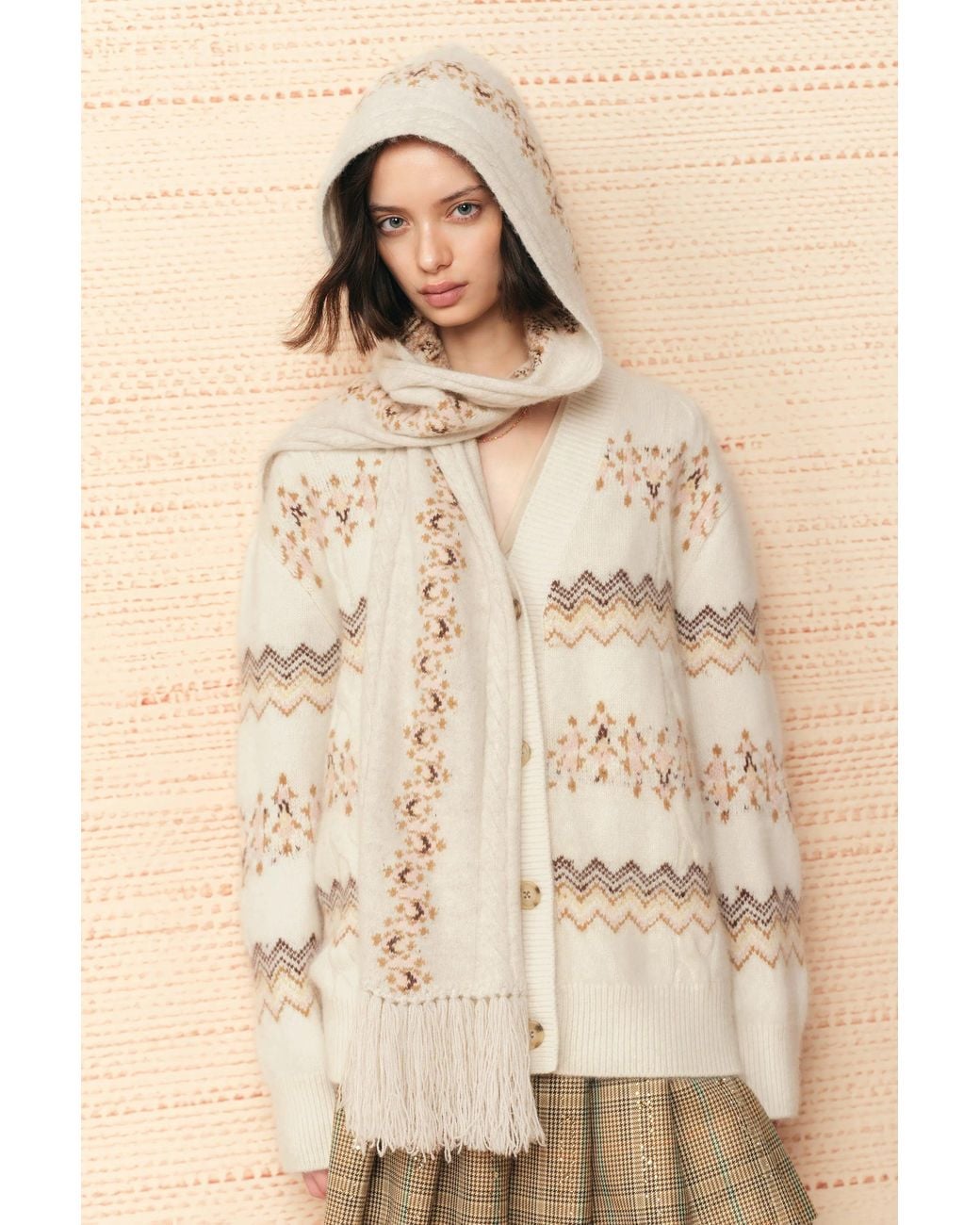 Fabrique Natural Audrey Fair Isle Fringed Hooded Scarf
