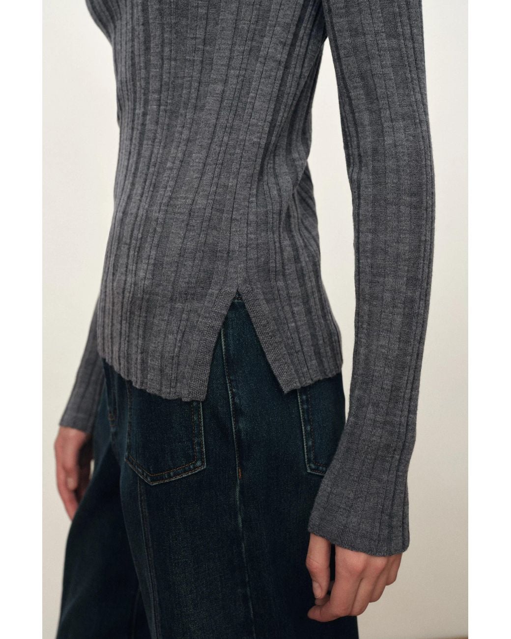 Fabrique Blue Cara Side Slit Long Sleeve Fitted Top