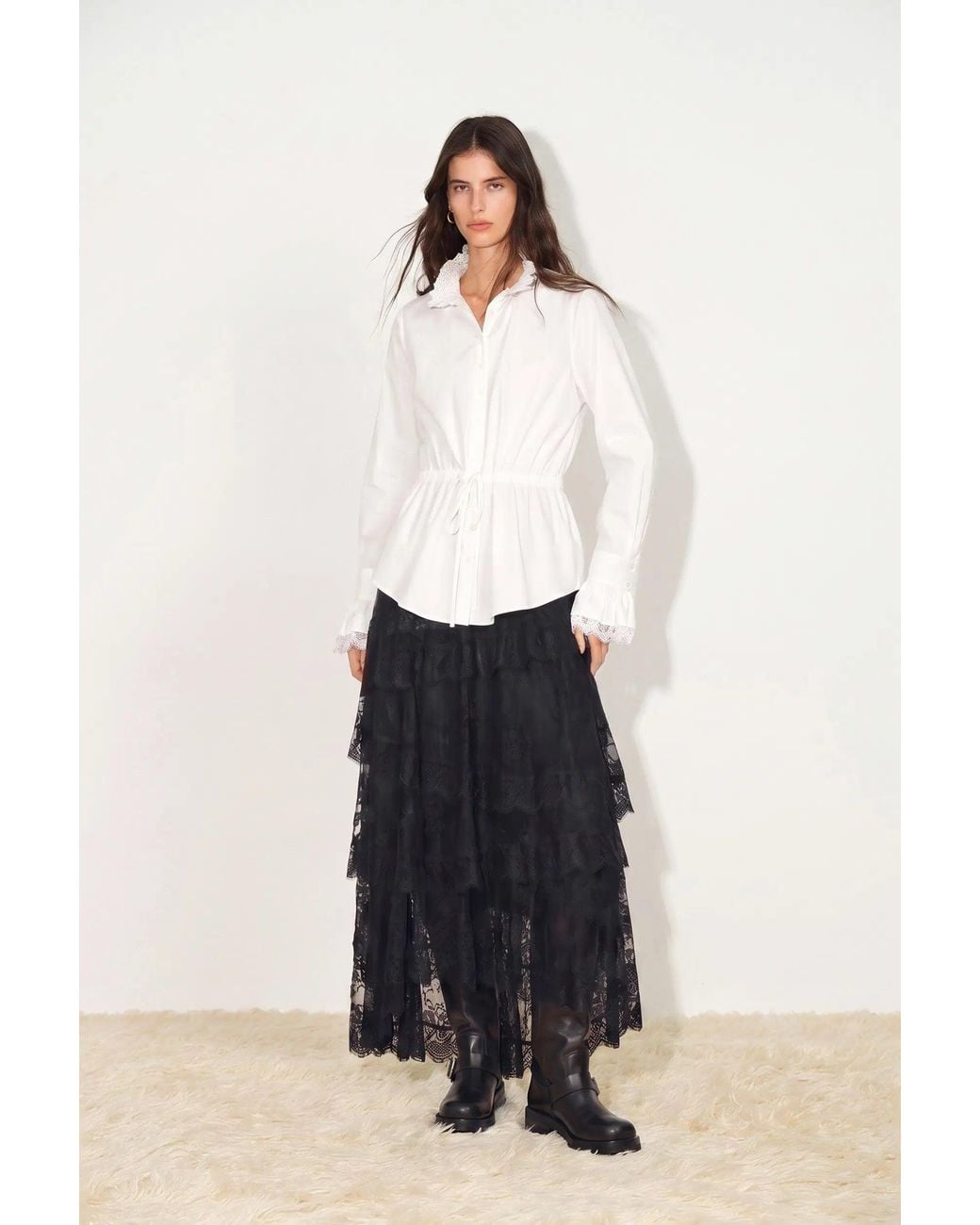 Fabrique White Lilith Lace Trimmed Drawstring Waist Shirt