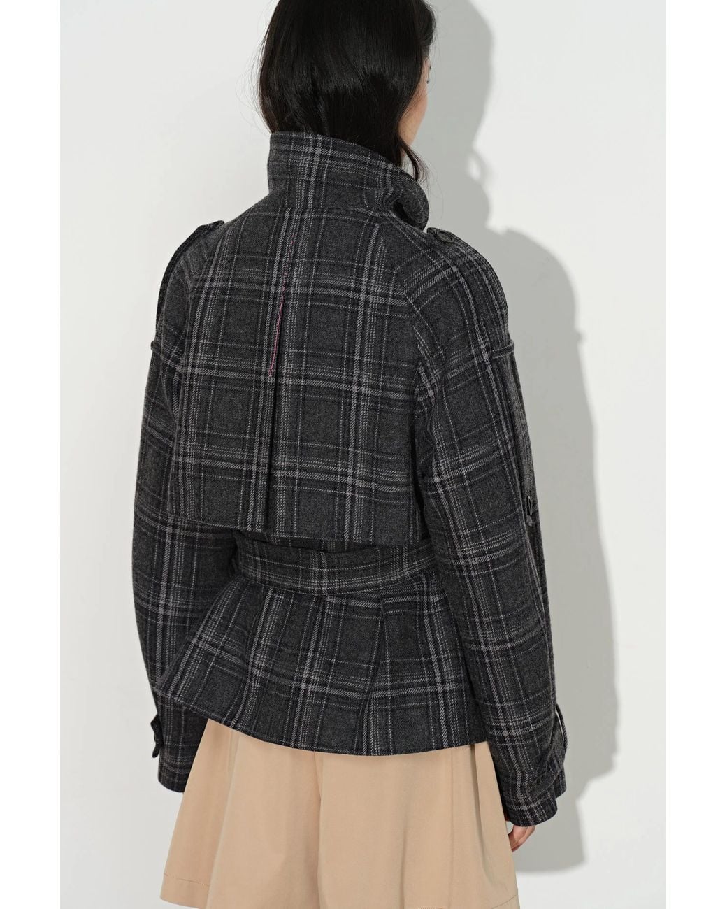 Fabrique Black Ainsley Plaid Belted Stand Collar Jacket