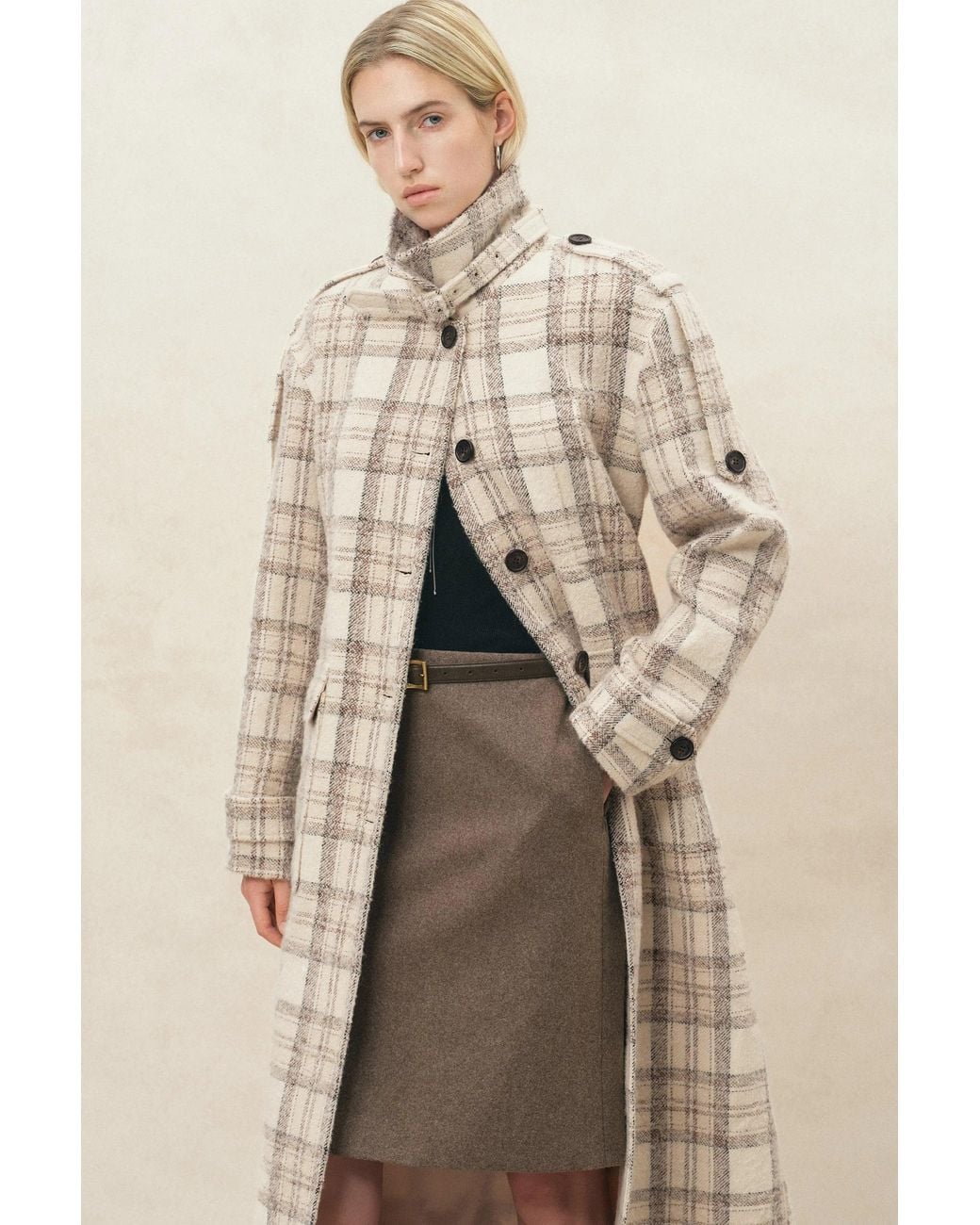 Fabrique Multicolor Fleur Textured Plaid Belted Long Coat