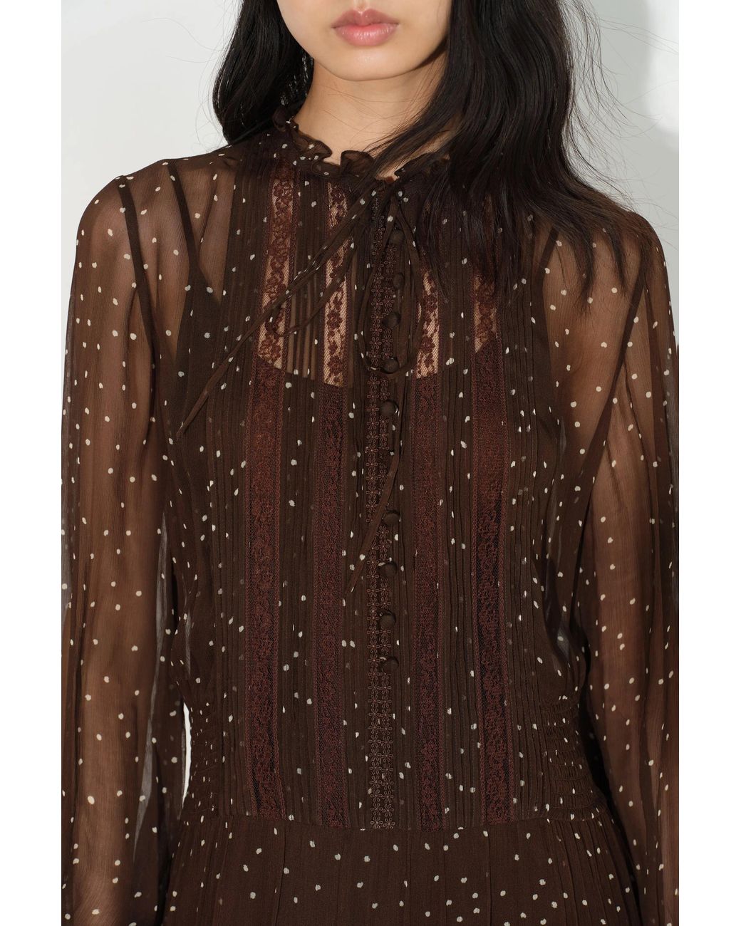 Fabrique Brown Anselm Polka Dot Ruffle Trim Dress With Inner Slip Dress