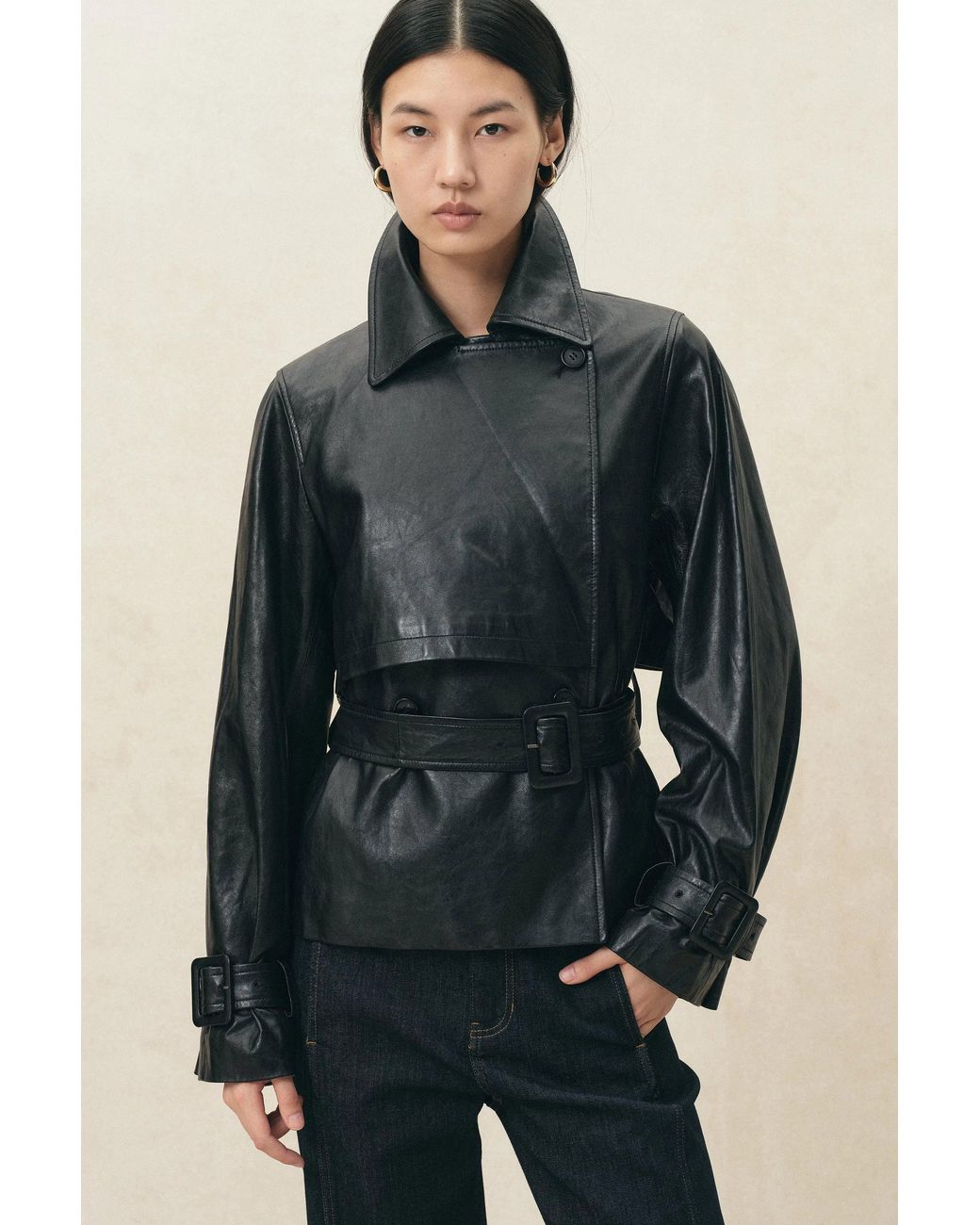 Fabrique Blue Eliana Belted Cropped Trench Jacket