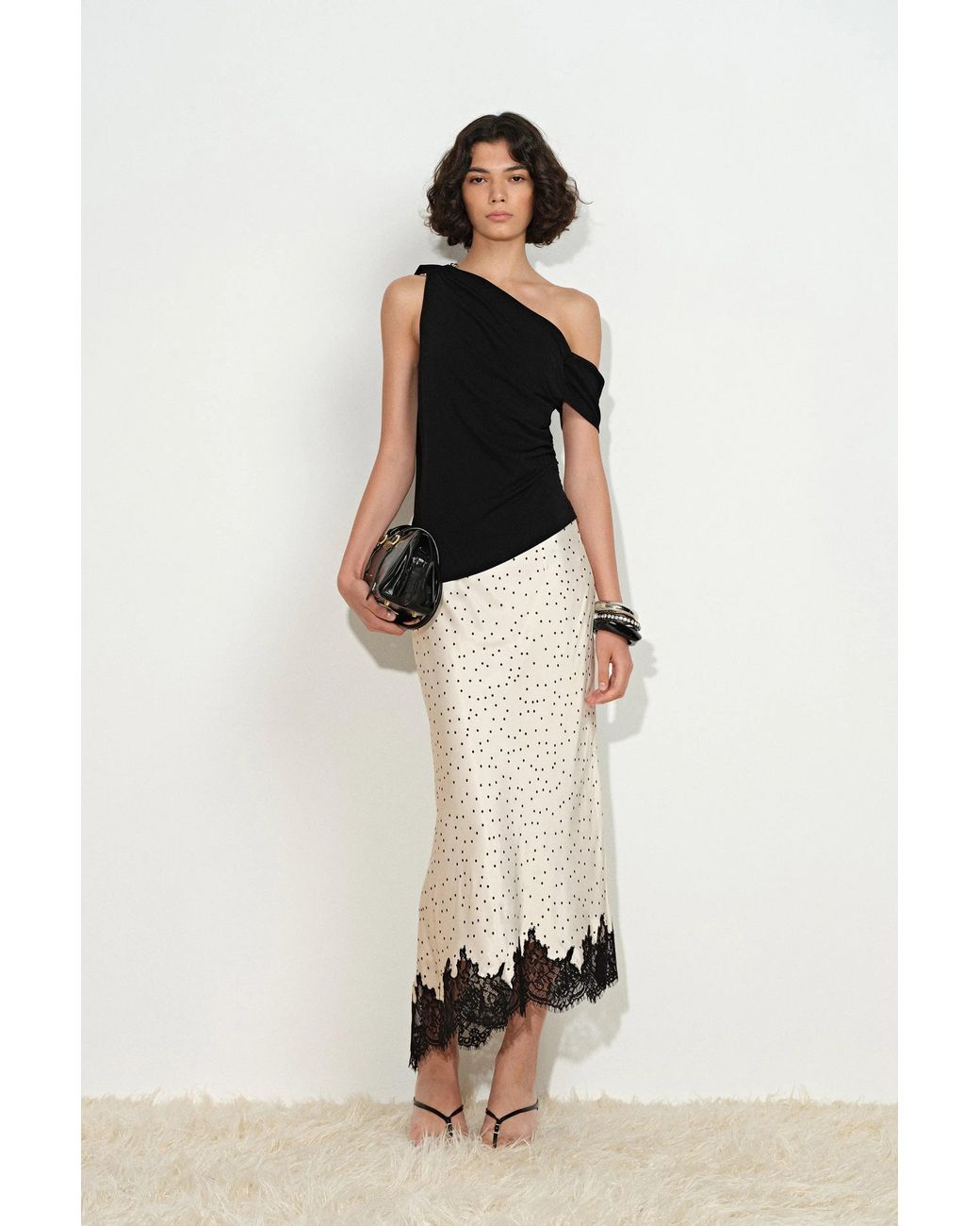 Fabrique Black Sonnet Polka Dot Lace Trim Skirt