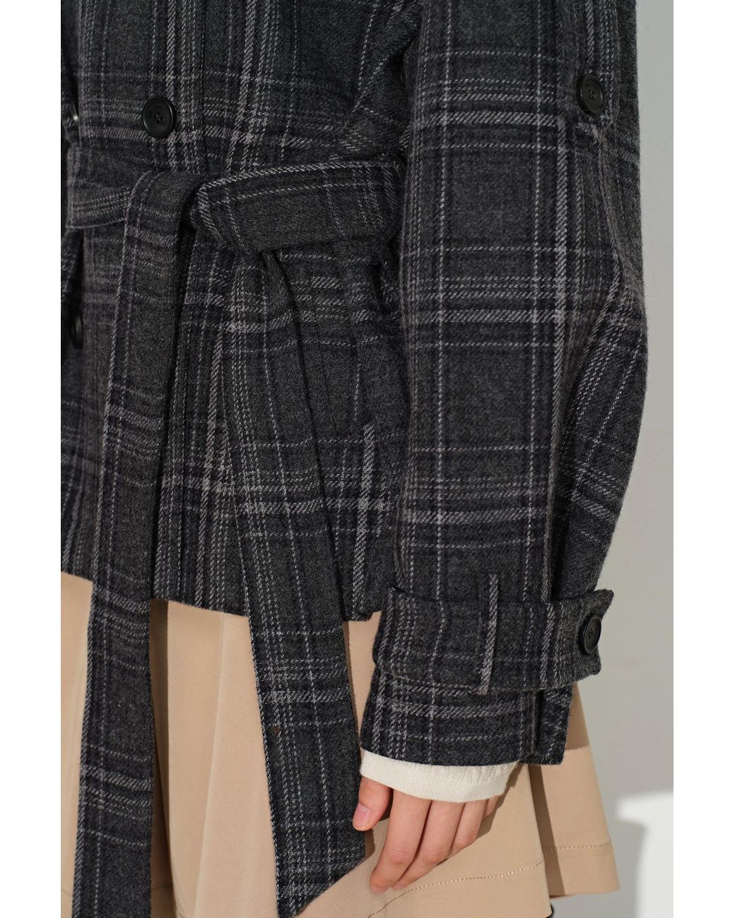 Fabrique Black Ainsley Plaid Belted Stand Collar Jacket