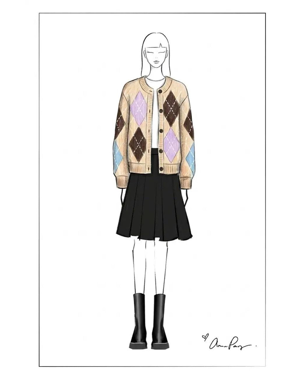 Fabrique Natural Hart Argyle Cropped Crewneck Cardigan