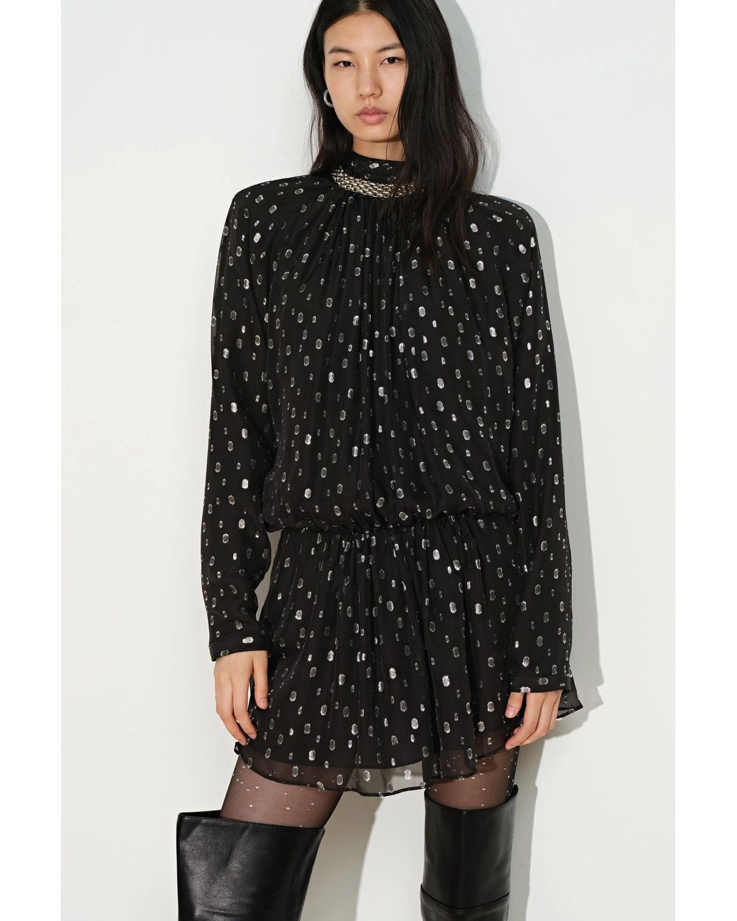 Fabrique Black Paris Ruched Shimmering Polka Dots Dress