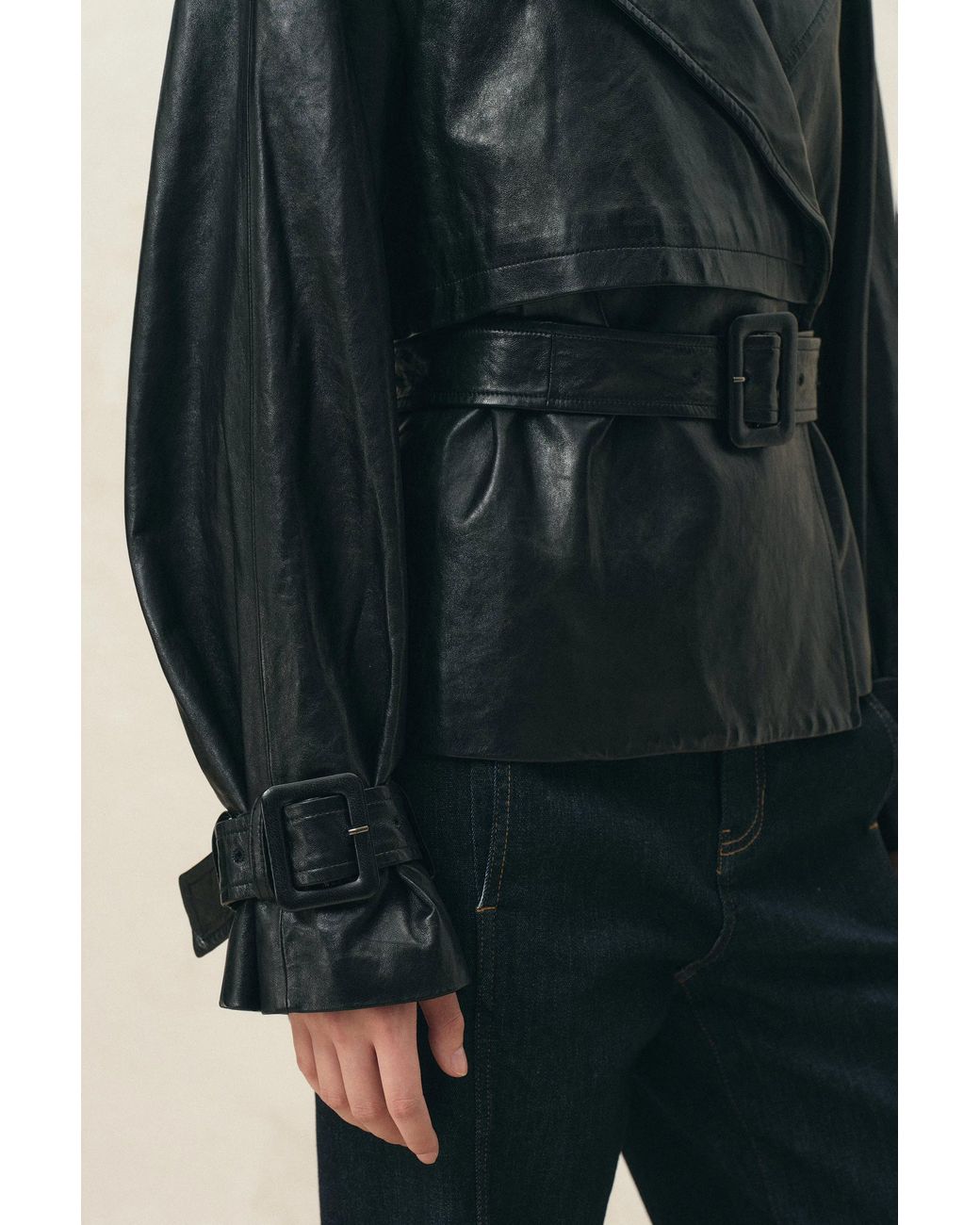 Fabrique Blue Eliana Belted Cropped Trench Jacket