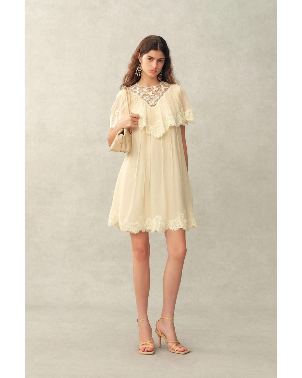 Fabrique Brown Sophia Lace Embroidery Capelet Short Sleeve Dress
