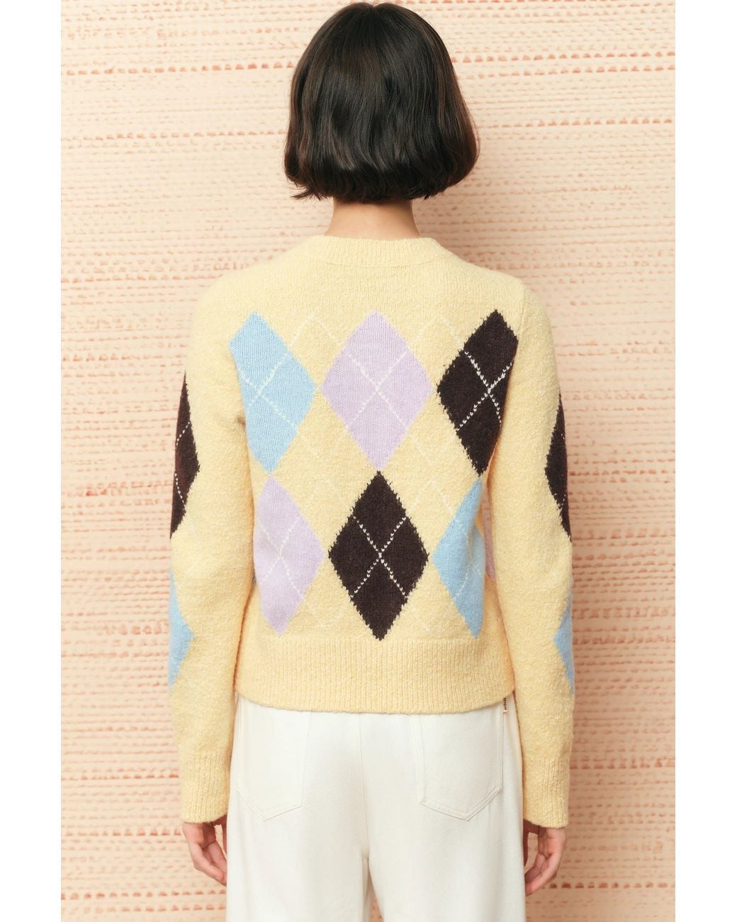 Fabrique Natural Hart Argyle Cropped Crewneck Cardigan