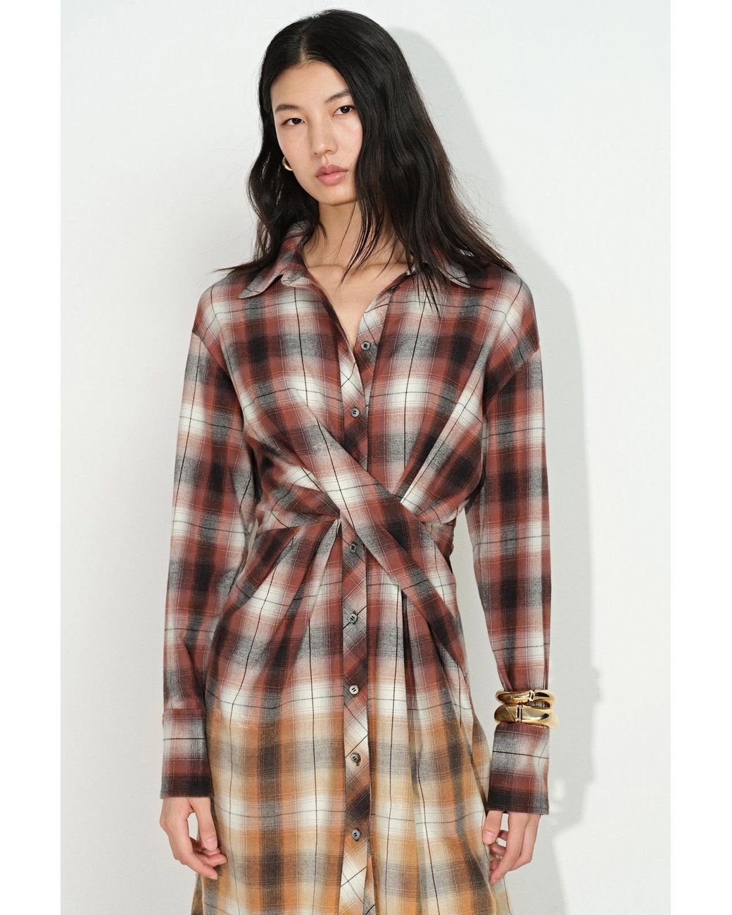 Fabrique Natural Marcella Plaid Ombré Twist Front Shirt Dress