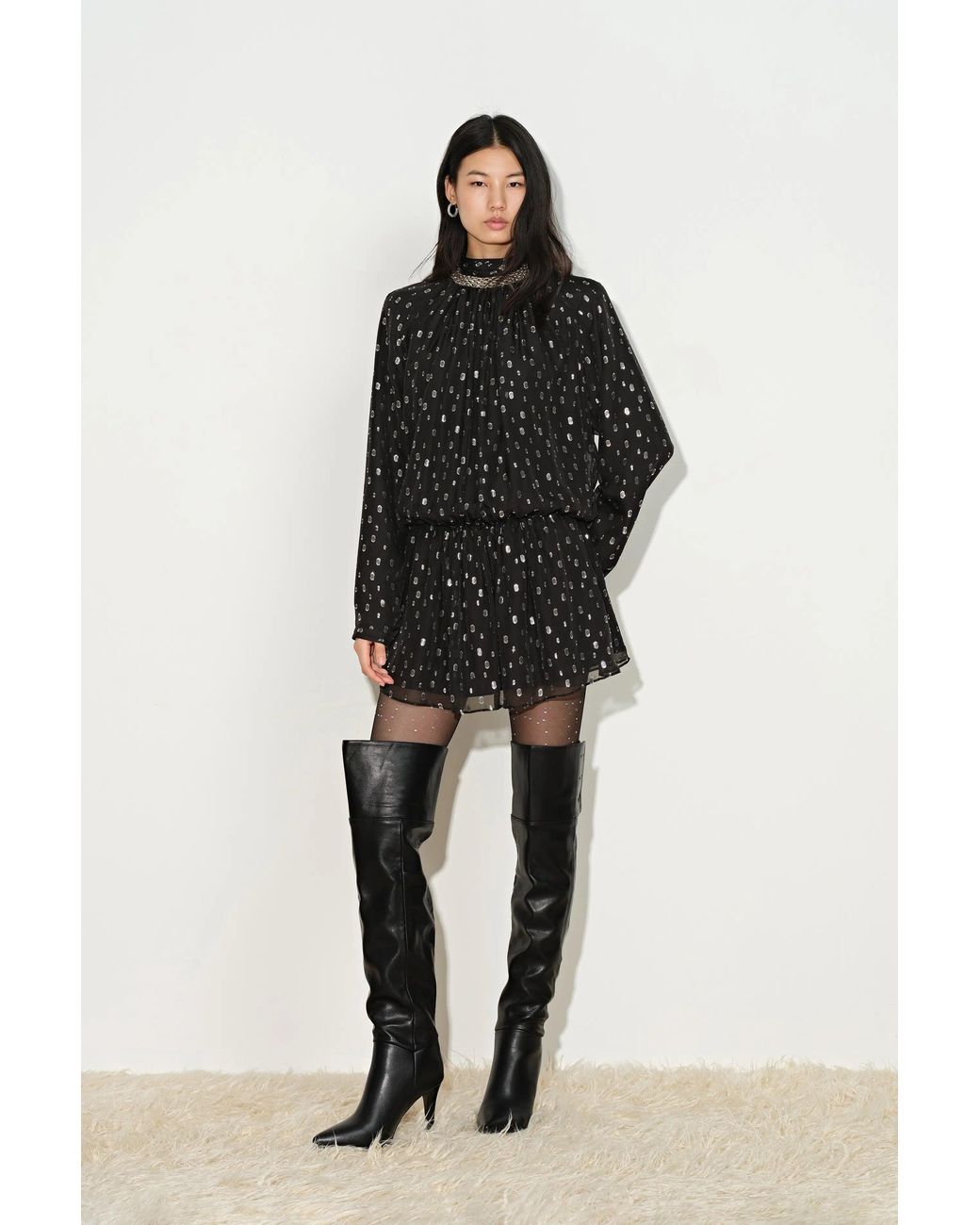 Fabrique Black Paris Ruched Shimmering Polka Dots Dress