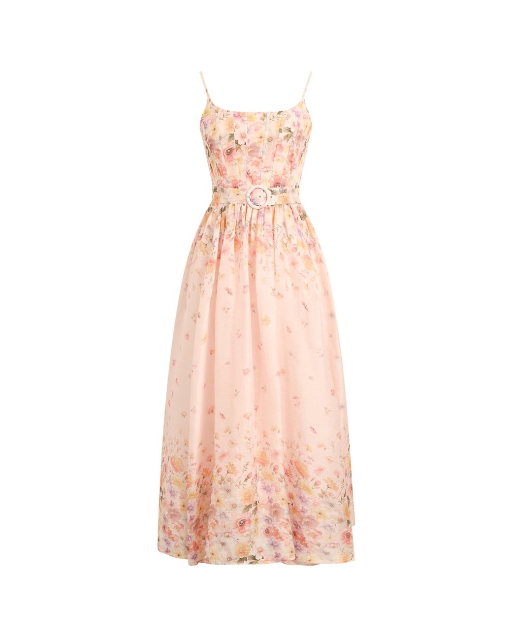 Fabrique Green Lilac Handpainted Floral Smocked Belted Strap Dress