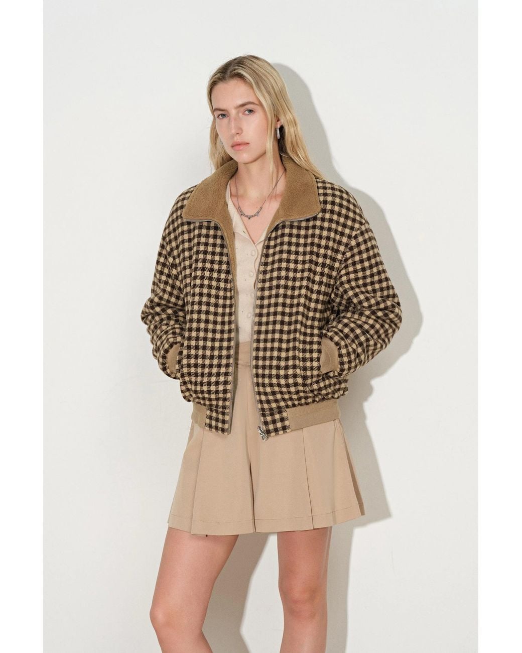 Fabrique Natural Rosemary Reversible Plaid Fleece Jacket