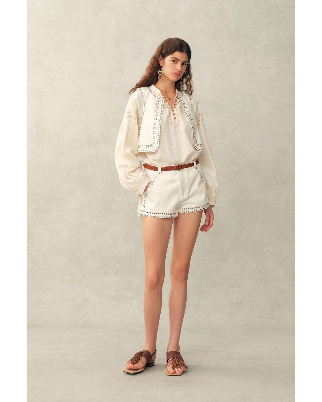 Fabrique Brown Charlie Boho Mother Of Pearl Studded Side Tassel Tie Vest Top And Shorts Set