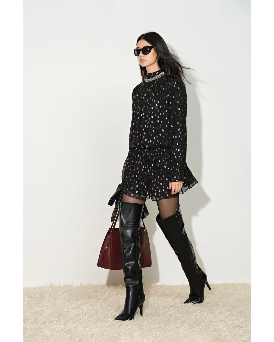 Fabrique Black Paris Ruched Shimmering Polka Dots Dress