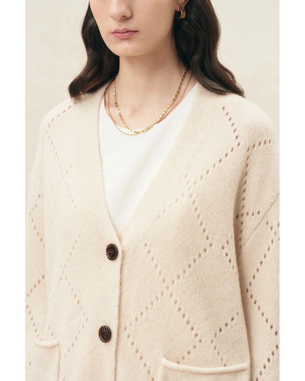 Fabrique Natural Kaia Argyle Openwork Cardigan