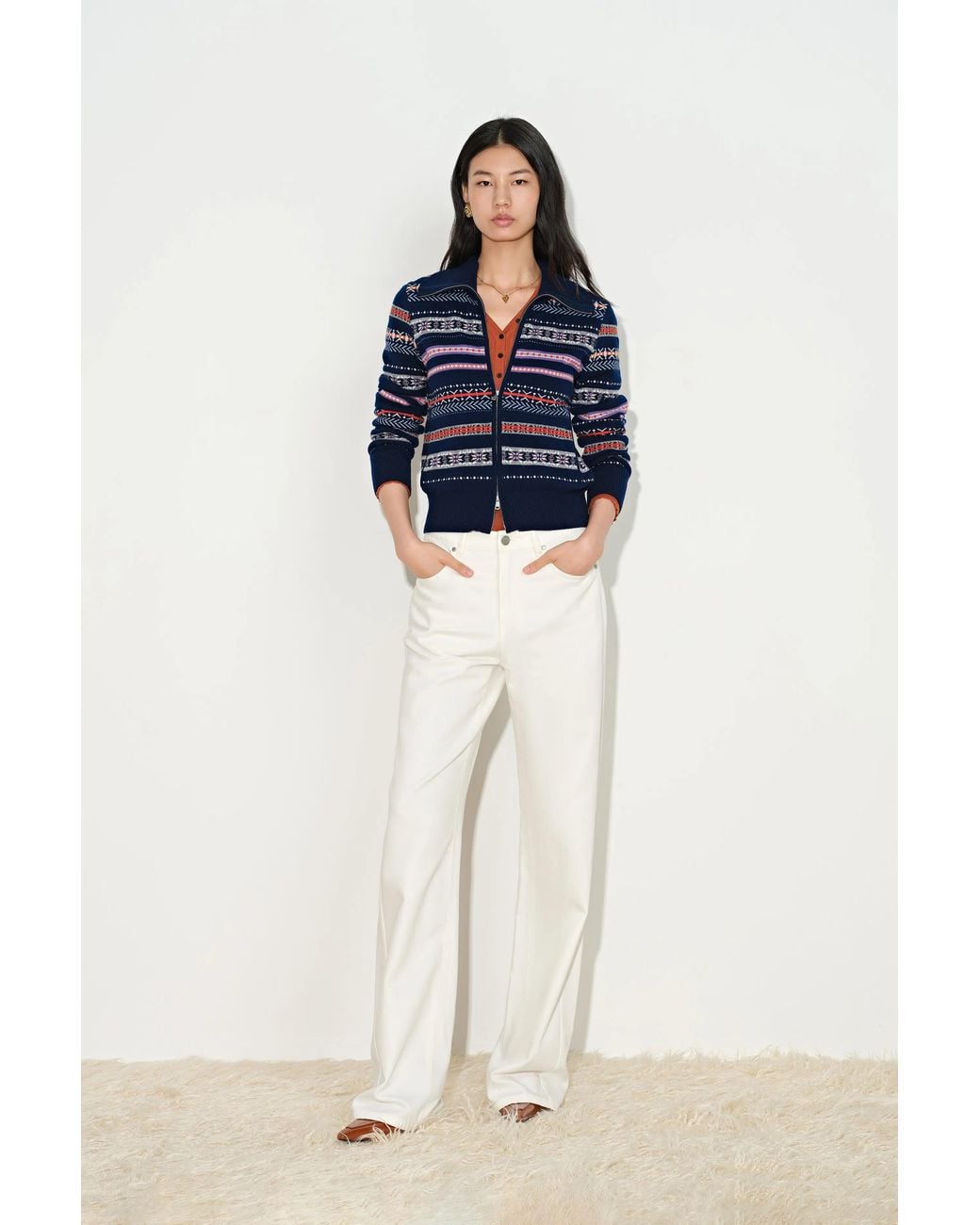 Fabrique Blue Isla Fair Isle Cropped Polo Cardigan