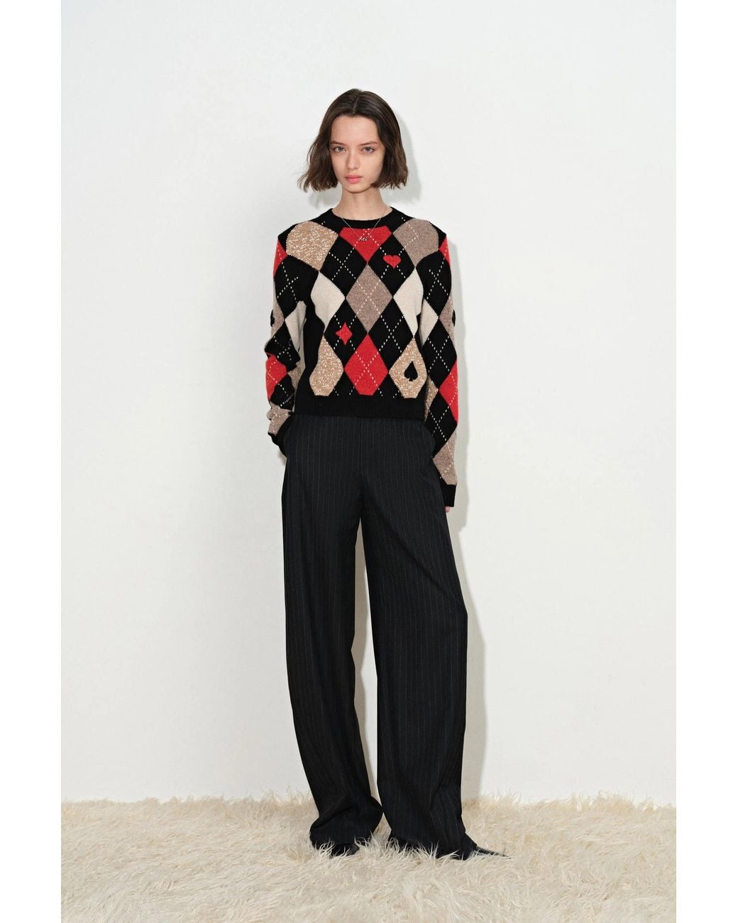 Fabrique Blue Vittoria Hand Embroidery Argyle Sweater